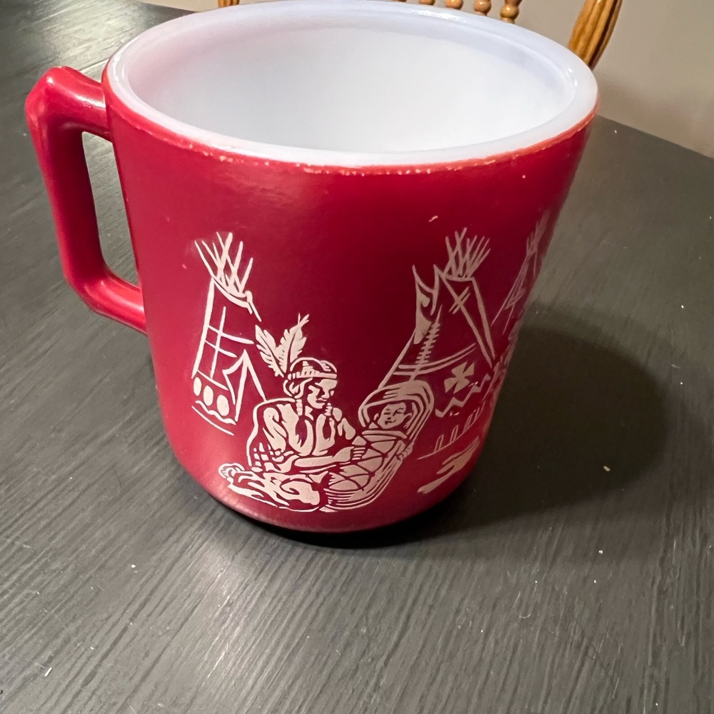 Hazel Atlas 5oz. Cup antique milk glass Indian scene